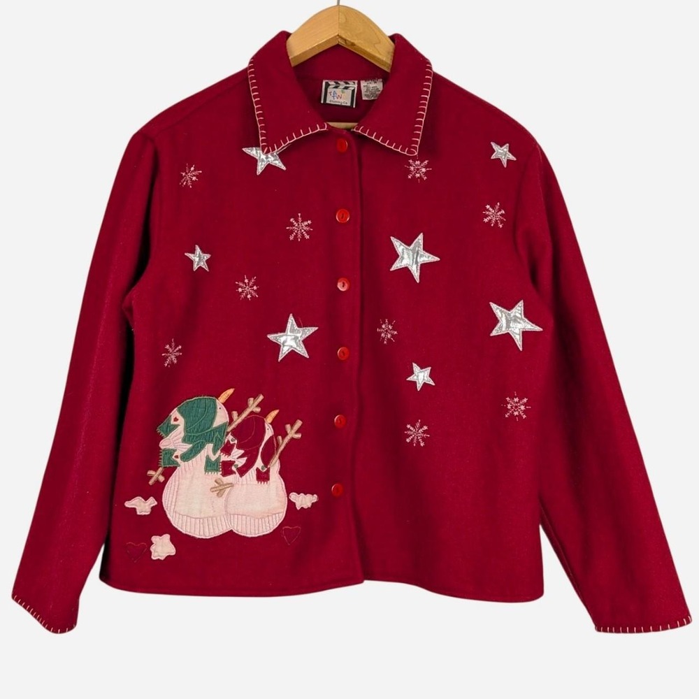 Take Two Clothing Co 90s Red Wool Blend Snowman Star Applique Christmas Jacket